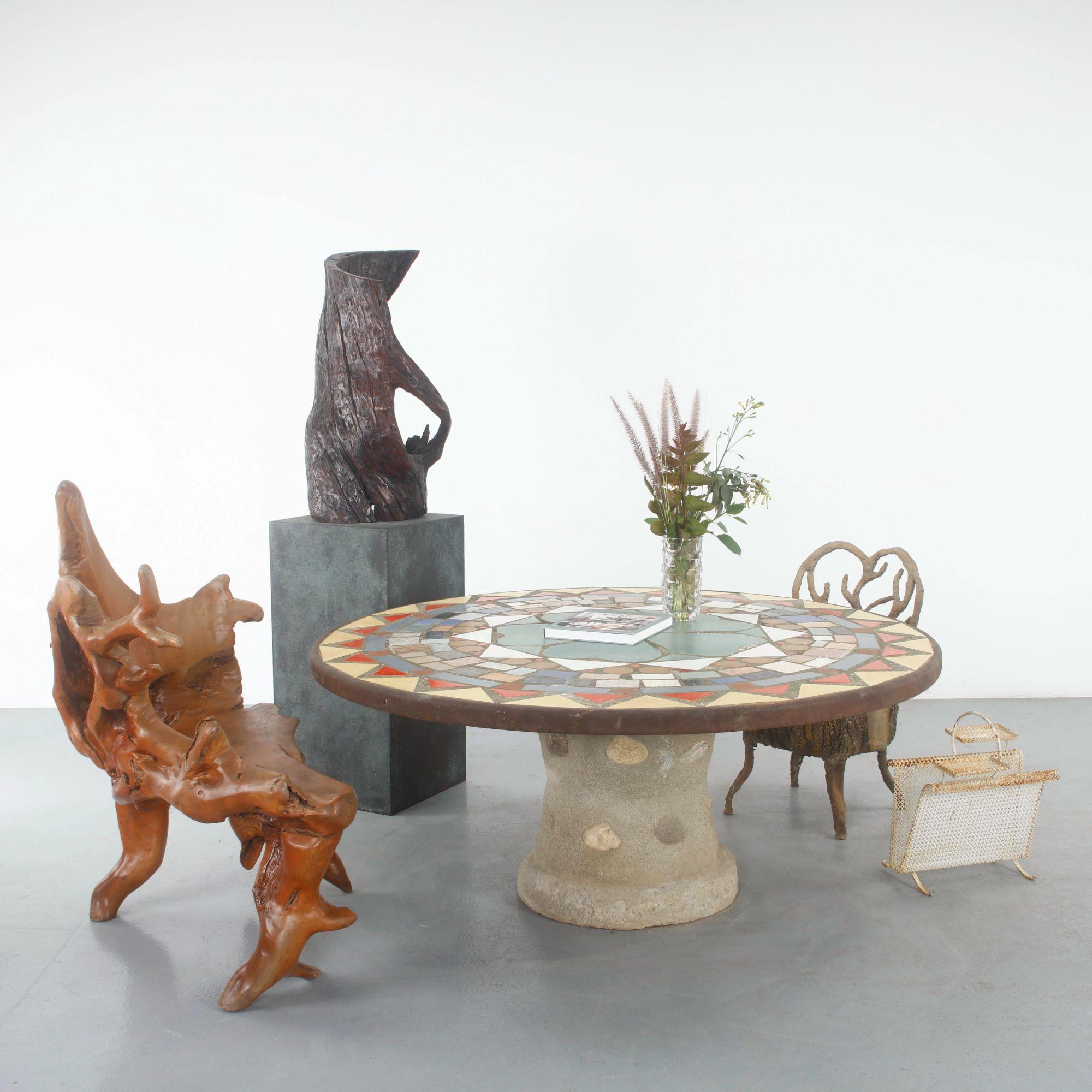 Mosaic dining table with sculptural root chairs