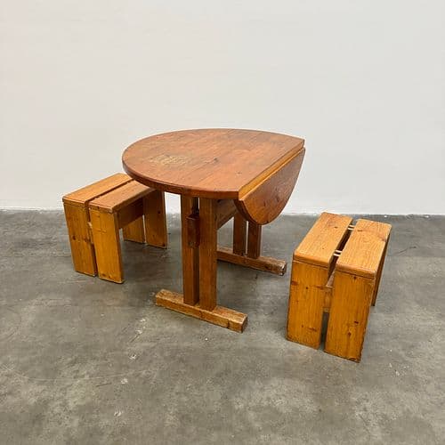 Charlotte Perriand for Les Arcs Drop Leaf Dining Table and Pair of Stools, France 1960s