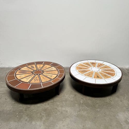Pair of Oval Roger Capron Coffee Tables with Garrigue Tiles, Vallauris, France 1960s