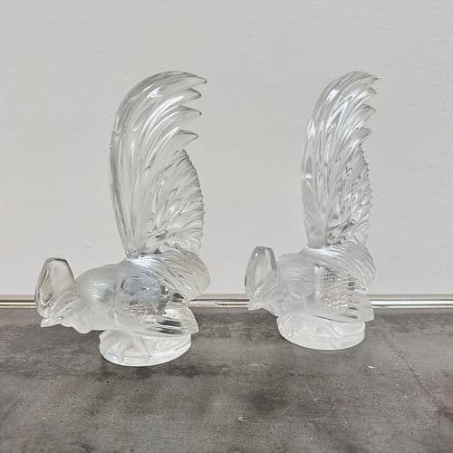 Pair of Lalique "Coq Nain" Crystal Rooster Sculptures, France Circa 1930
