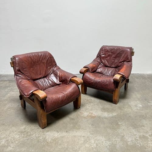 Pair of French Provincial Armchairs in Leather, France 1960s