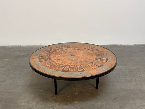 Round Ceramic Coffee Table with Herbarium Tiles by Roger Capron