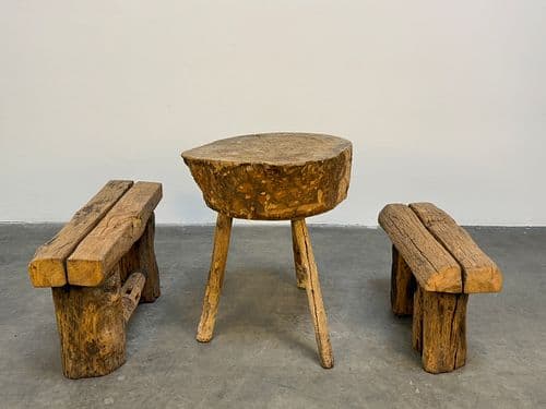 Rustic Wooden Patio Set with Table and Stools