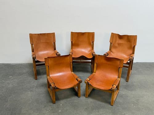 Five Riaza Chairs in Cognac Leather by Paco Muñoz for Darro Gallery, Spain, 1960s