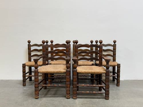 Set of Six Midcentury Charles Dudouyt Brutalist Solid Wood Chairs