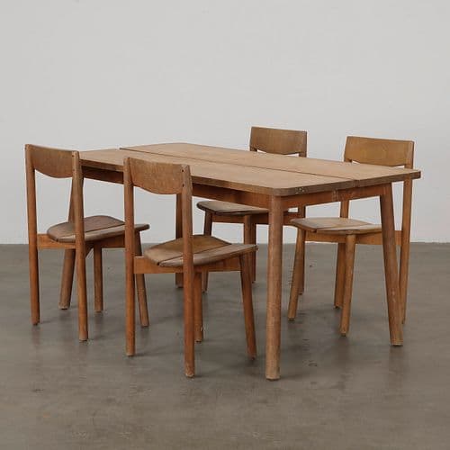 Set of Pierre Gauthier Delay Wooden Dinning Table with Four Chairs, 1950s