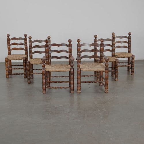 Set of Six Mid-Century Brutalist Solid Wood Chairs by Charles Dudouyt, 1940s