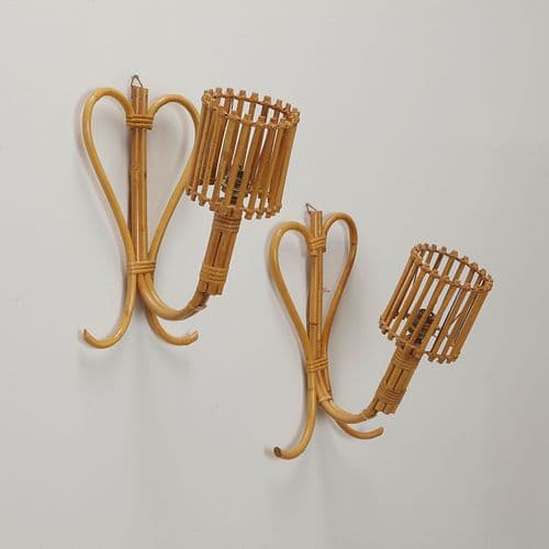 Pair of Mid-Century French Rattan Sconces by Louis Sognot, 1960s