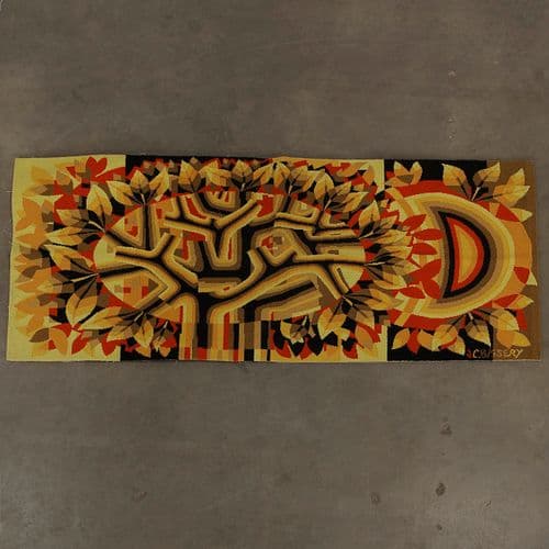 Jean Claude Bissery Signed Wool Tapestry, Arbre et soleil Couchant, 1960s
