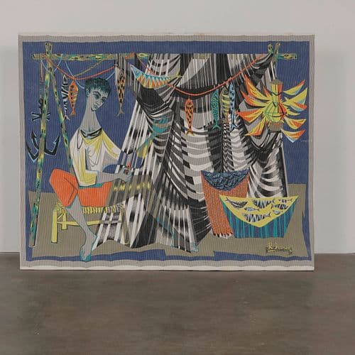 Robert Debieve Hand Printed Tapestry, Les Remailleur de Filets, 1960s