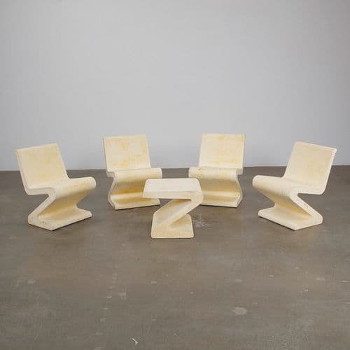 Set of Four Concrete Yellow Zig Zag Chairs and Table, 1960s
