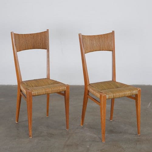 Genevieve Pons, Pair of Sculptural Wood Chairs with Cord Seats, France, c. 1950s