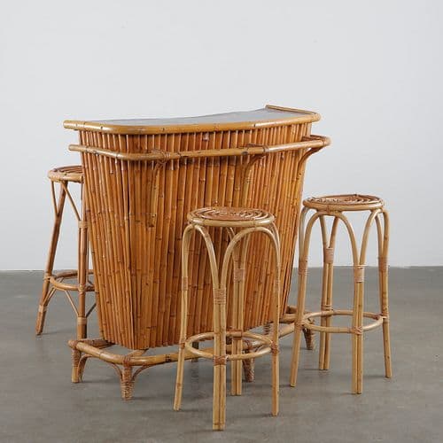 Louis Sognot, TikiBar and Stools, Bamboo and Rattan, France, 1940s