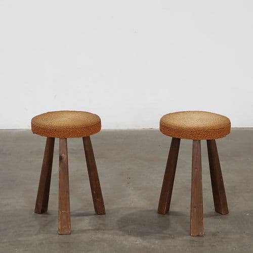 Pair of Wooden and Rope Stools, Attributed to Audoux-Minet, 1960s