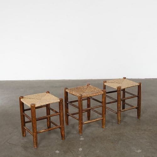 Set of Three Stools in the Style of Georges Bauche for Charlotte Perriand, Wood and Straw, 1950s