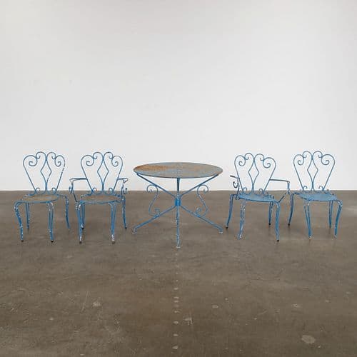 Mathieu Mategot, Blue Outdoor Perforated Dining Set, 1950s