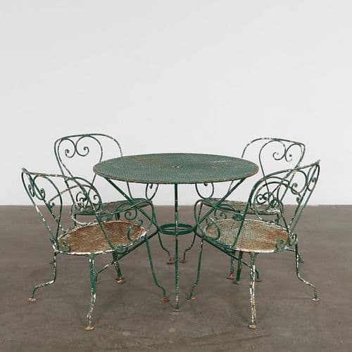 Mathieu Mategot, Green Outdoor Perforated Dining Set, 1950s
