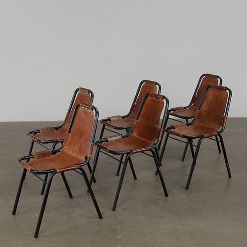 Charlote Perriand, Set of Six Leather and Metal Chairs for Les Arcs, 1960s