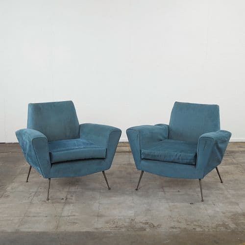 Pair of Blue Velvet Armchairs in the style of Marco Zanuso, 1960s