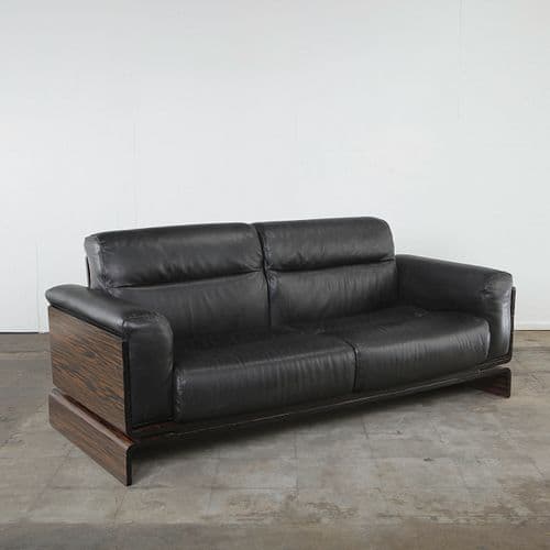 Italian Rosewood Veneer & Black Leather Platform Sofa, 1960s