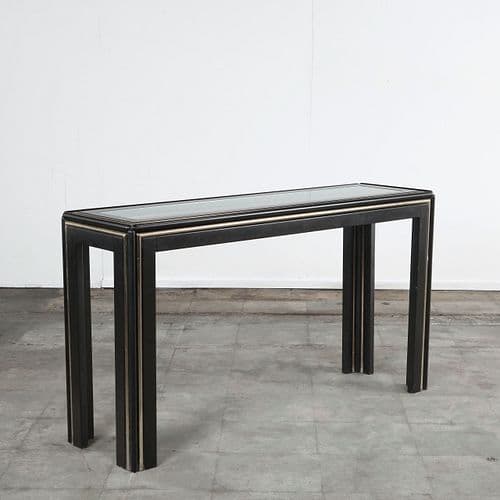 Black Lacquered Console Table with Brass Detailing, 1970s
