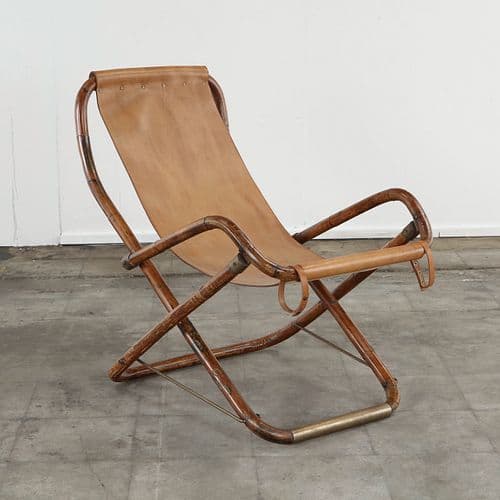 Gianfranco Frattini, Italian Bamboo, Leather and Brass Campaign Chair, 1960s