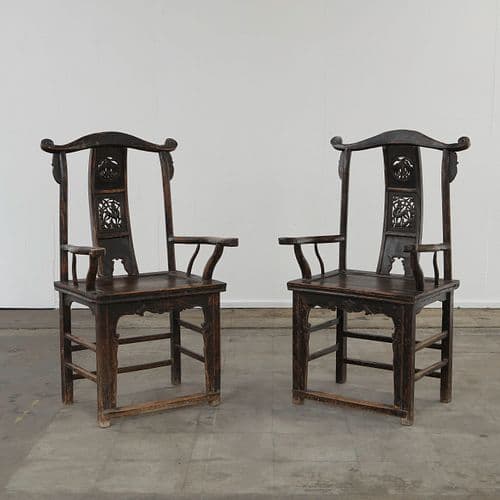 Pair of Antique Chinese High York Back Armchairs, 1920s