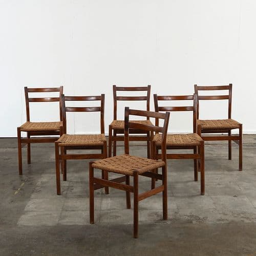 Set of Six Mid-Century Oak and Rope Chairs, 1960s
