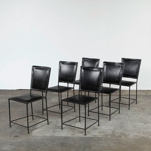 Set of Six Italian Leather and Iron Dining Chairs, 1970s