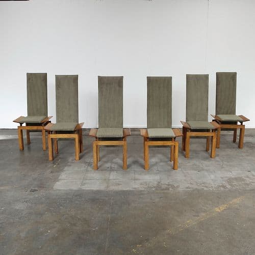 Set of Six Italian High-Back Dining Chairs in Wood and Green Upholstery, 1970s