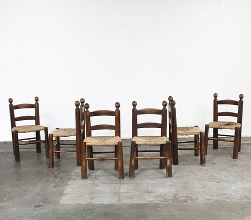 Charles Dudouyt, Set of Six Wood and Straw Chairs, 1960s