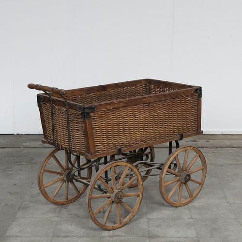 Rustic Woven Wicker and Wood Carriage on Iron Frame, Early 20th Century