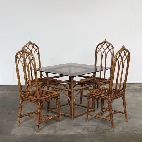 Italian Bamboo Dining Set with Smoked Glass Top and Four High-Back Chairs, 1970s
