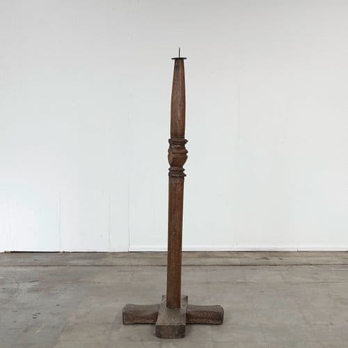 Tall Rustic Wooden Floor Candlestick, 1950s
