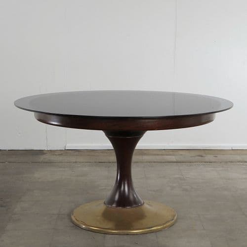 Brass and Wood Base Glass Top Extendable Dining Table, 1970s