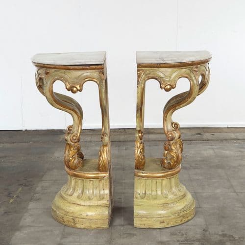 Pair of Venetian Giltwood & Marble Triangular Console, 19th Century