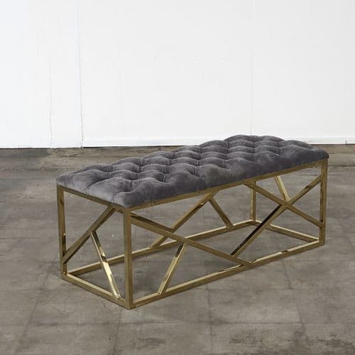 Italian Mid-Century Tufted Velvet Bench with Brass Base, 1970s