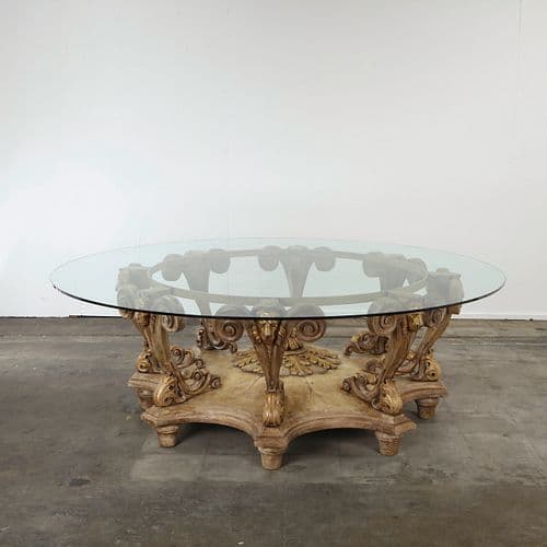 Colossal Italian Carved & Giltwood Center Table with Glass Top, 1950s