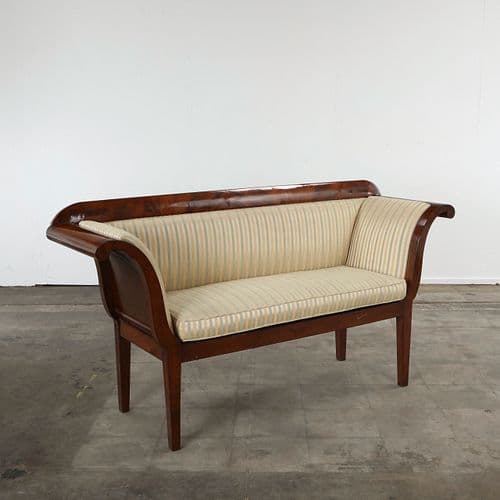 Italian Empire Revival Mahogany Settee with Striped Upholstery, 1940s