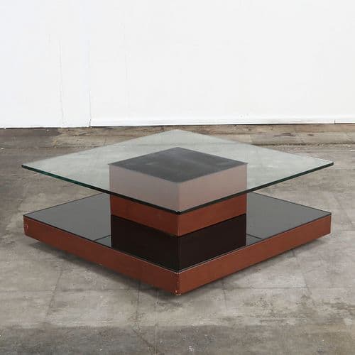 Osvaldo Borsani, Square Coffee Table in Leather and Mirror, Italy, 1970s