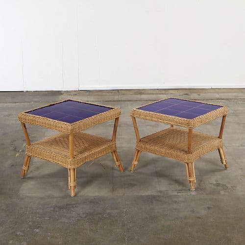 Pair of Italian Rattan Side Tables with Blue Ceramic Tile Tops, 1950s