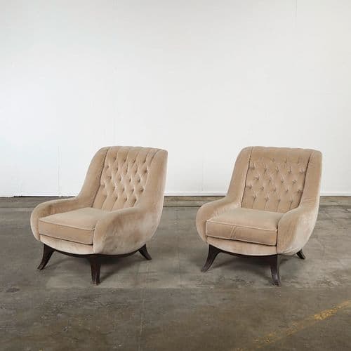Pair of Italian Mid-Century Tufted Velvet Armchairs, 1950s
