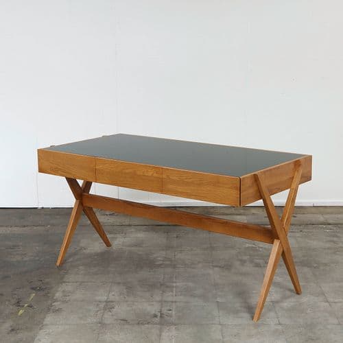 Mid-Century Wood Desk with Glass Top, 1960s