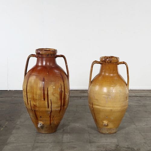 Pair of Large Glazed Terracotta Amphorae with Two-Tone Finish from Puglia Region, 20th Century