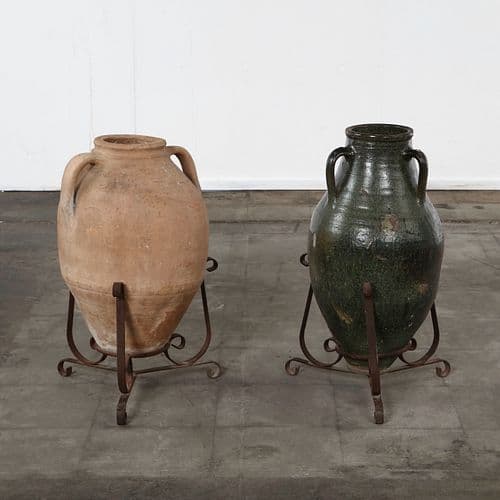 Pair of Rustic Terracotta Amphorae on Forged Iron Stands, 20th Century