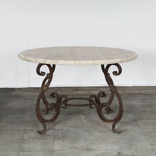 Italian Wrought Iron Round Dining Table with White Marble Top, 1940s