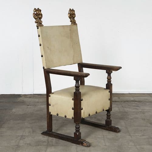 Spanish Renaissance Revival High-Back Armchair with Tooled Leather and Gilt Finials, 1920s