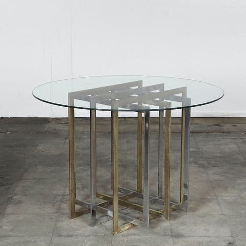 Italian Mid-Century Modern Round Glass Dining Table with Brass & Chrome Geometric Base, 1970s