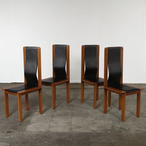 Walnut, Black Leather Dining Chairs, Italy by Afra & Tobia Scarpa, catalogued at Circa