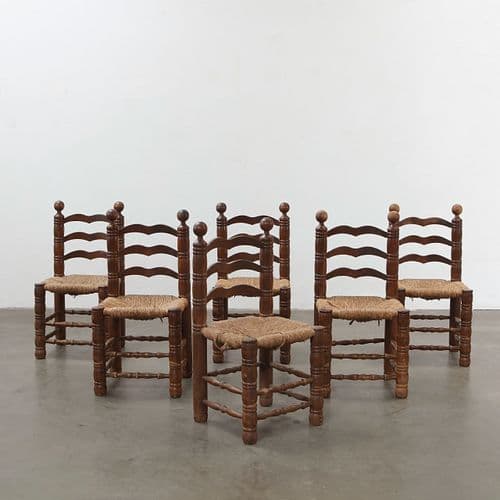 Charles Dudouyt, Set of Six Wood and Straw Chairs, 1960s